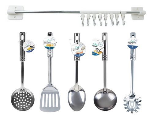 Jogo Utensílios De Cozinha Aço Inox Kit 6 Peças Com Suporte