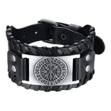 Pulsera Cuero Negro Estilo Vikingo Hombre Mujer Rock Negra