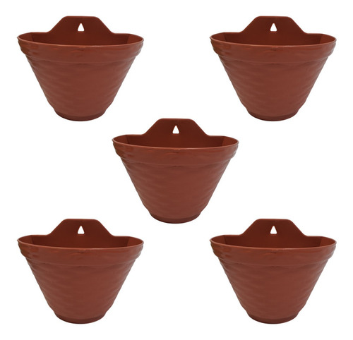 Combo 5 Vasos De Parede 20cm Meia Lua P/ Plantas Terracota Com Textura