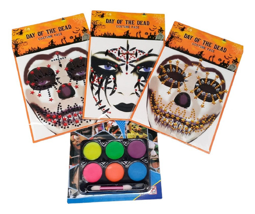 Set Maquillaje Disfraz Halloween:3 Stickers, 1paleta Colores