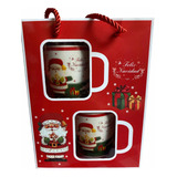 Set Tazas Con Cuchara Diseño Navideño Viejito Pascuero