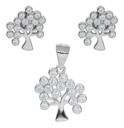 Conjunto Plata Fina Diseño Árbol Con Circones + Cadena 