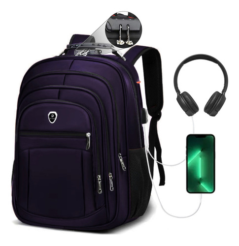 Mochila Escolar Bolsa Executiva Grande Cabo Usb Fone Ouvido Cor Roxo Desenho Do Tecido Liso