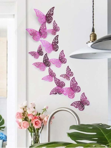 Mariposas 3d Pegatinas Pared, 12 Uds. Decorar Rosa Fucsia