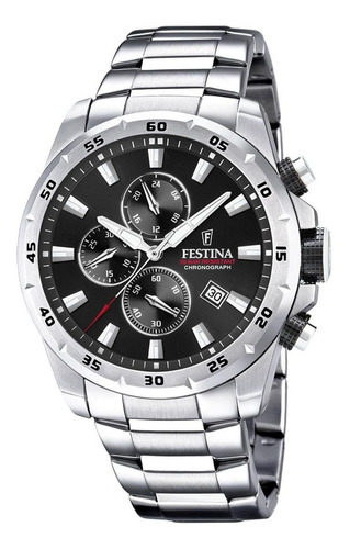 Reloj Pulsera Festina Chrono Sport F20463 De Cuerpo Color Plateado, Analógico, Para Hombre, Fondo Negro, Con Correa De Acero Inoxidable Color Plateado, Agujas Color Plateado, Blanco Y Rojo, Dial Plate