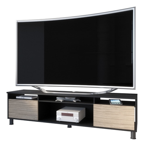 Mueble Multimedia Playcon 75pul, Pasacables, 2 Puertas 170cm Color Negro/roble