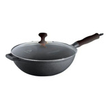 Panela Wok Ferro Fundido Tampa Vidro Cabo Silicone Preta