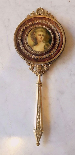 Antiguo Espejo De Mano Frances Paris Bronce Carey Miniatura