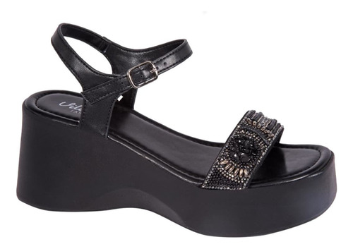 Sandalias Plataforma Con Piedritas Hueraches En Negro 8cm