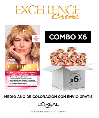 Kit Excellence Creme Tono 8 Rubio Claro - Caja 6 Unidades