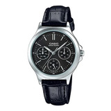 Reloj Casio Ltp-v300l-1audf Dama Análogo 100% Original Color De La Correa Negro Color Del Bisel Plateado Color Del Fondo Negro