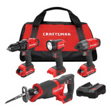 Combo Craftsman 4 Pz Taladro Atornillador Sierra Impacto 20v Color Rojo