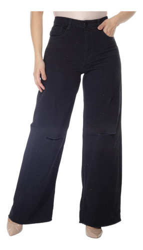 Calça Jeans Wide Leg Preta Cintura Alta Rasgada Feminina