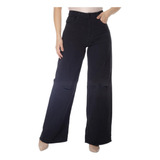 Calça Jeans Wide Leg Preta Cintura Alta Rasgada Feminina