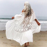 Saída Praia Longo Renda Branca Kimono Babado Plus Size Luxo