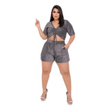 Conjunto Cropped E Shorts Plus Size Em Brilho Lurex