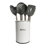 Set 6 Utensilio Blanco Nylon Mango Madera Hudson Cocina Fcg