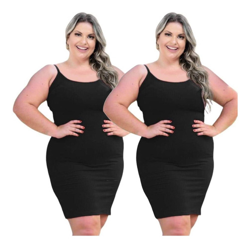 Kit 2 Vestido Alça Plus Size Canelado Curto Várias Cores