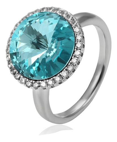 Anillo Oro 14k Blanco Lam Aqua Swarovski Mujer Compromiso