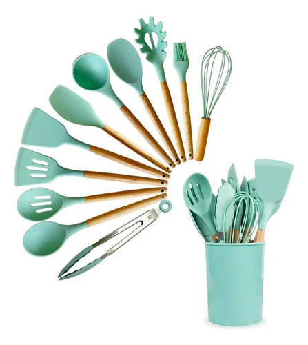 Set 12 Utensilios De Cocina De Silicona Con Mango De Madera