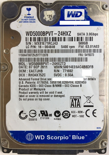 Wd Wd5000bpvt-24hxzt3 500gb Sata - 04685 Recuperodatos