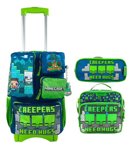 Mochila De Carrito, Lonchera Y Lapicera Minecraft Creeper Chenson Original Primaria