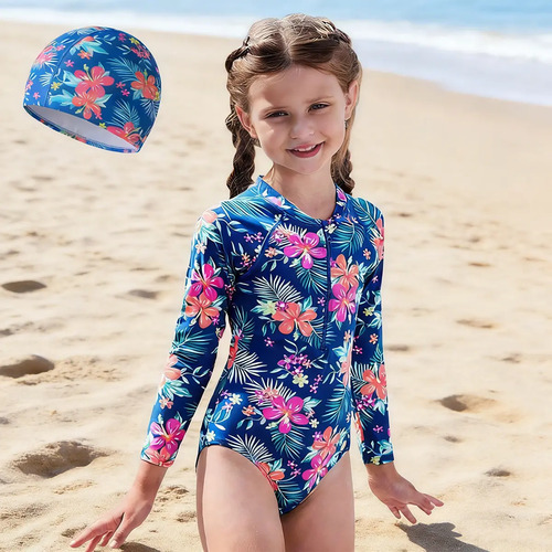 Traje De Baño Niña Una Pieza De Manga Larga Con Gorro Upf50+