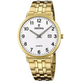 Reloj De Pulsera Festina Classics F20513 De Cuerpo Color Dorado, Analógico, Para Hombre, Fondo Blanco, Con Correa De Acero Inoxidable Color Dorado, Agujas Color Plateado Y Blanco, Dial Negro, Minutero