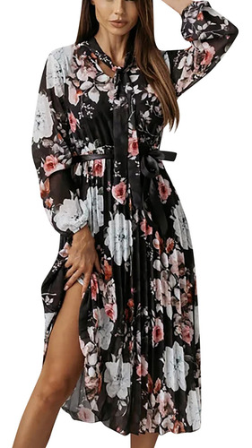 Vestido Plissado Feminino Com Estampa Floral De Férias 8266