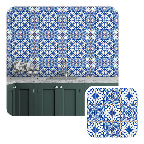 Papel De Parede Adesivo Cozinha Azulejo Português Azul 10m