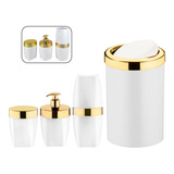 Kit Dispenser Porta Escova Cotonete Lixeira Banheiro Dourado