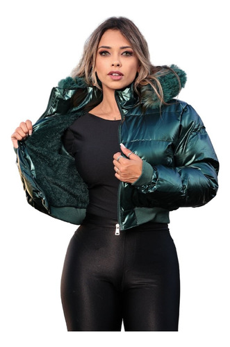 Jaqueta Feminina Puffer Metalizada Forrada De Pelúcia