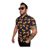 Camisa Floral Masculina Manga Curta Barata Praia Social Slim