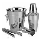 Set Coctelería 4p Hielera Pinza Medidor Coctelera Acero Inox