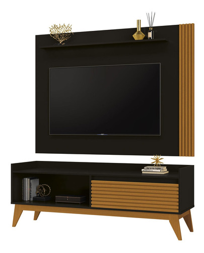 Rack Sala Painel Tv 55 Audax Preto/cedro Natural-móveisaqui