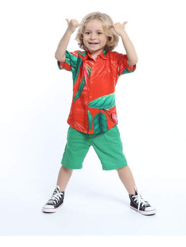 Bermuda Linho+camisa Viscose Estampada Menino Infantil Verão