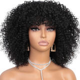 Peruca Wig 35cm Com Franja Cacheada Cabelo Humano Preta