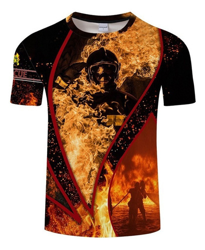 Camiseta Manga Corta Fuego Furioso Bombero Impresión 3d Moda