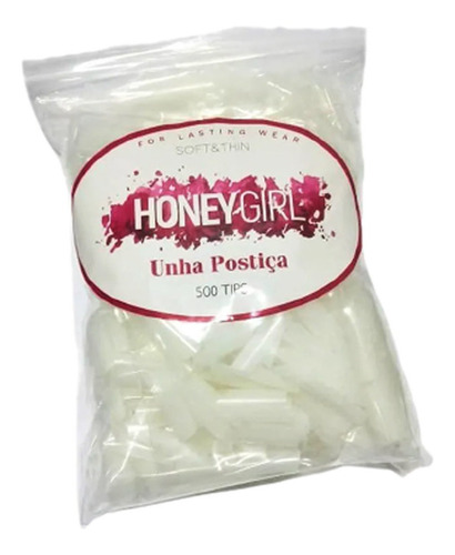 500 Unhas Tips Acrigel Porcelana Honey Girl Redonda Branca