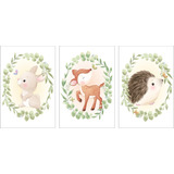 3 Quadros Decoração Infantil Raposa Jardim Encantando Coelho