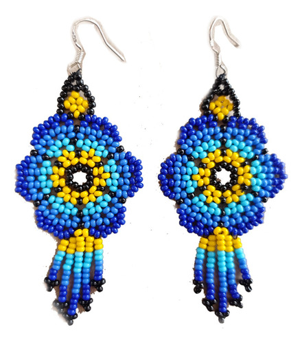 Aretes Mujer En Mostacilla Checa Flor Huichol Boho Azul