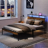 Cama Queen Size Industrial Con Luces Led Y Usb, Marrón Rústi