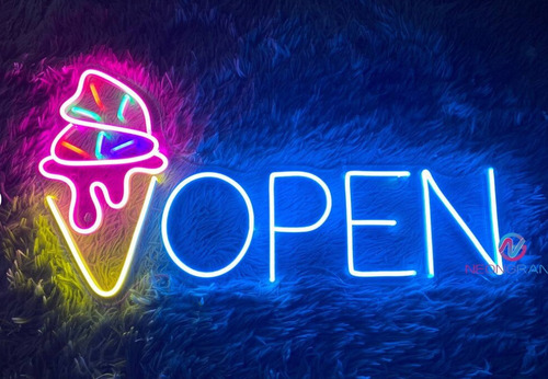 Letrero Led Neon Open Abierto Helado Ancho 82cm Luminoso