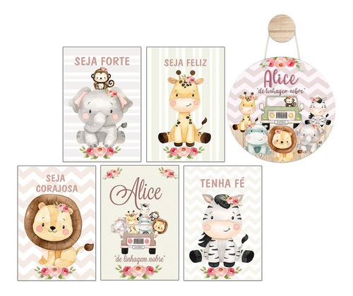 Kit Quadros E Porta Maternidade Safaribabyrosa Personalizado