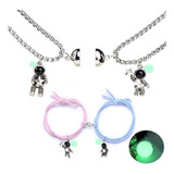 Pulseras Collar Pareja Brillan Iman Astronauta Amistad 4pcs