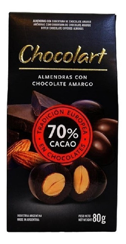 Almendras Con Chocolate Amargo 70% Cacao 80g X 1u