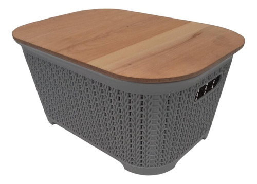 Caja Organizadora Simil Rattan Con Tapa Madera 36x25x17