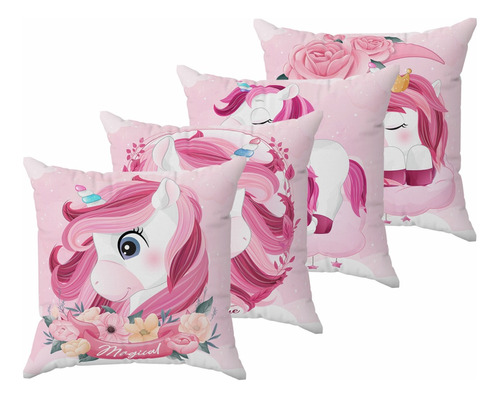 Kit 4 Almofadas Cheias Decoração Unicornio Céu Rosa 30x30cm