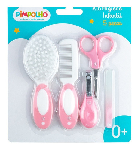 Kit Higiene Unha Bebê 5 Pecas Pente Escova Cabelo Pimpolho Cor Rosa