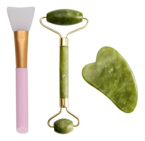 Masajeador Rodillo De Jade + Gua Sha Jade Facial + Aplicador Tipo De Piel Todo Tipo De Piel